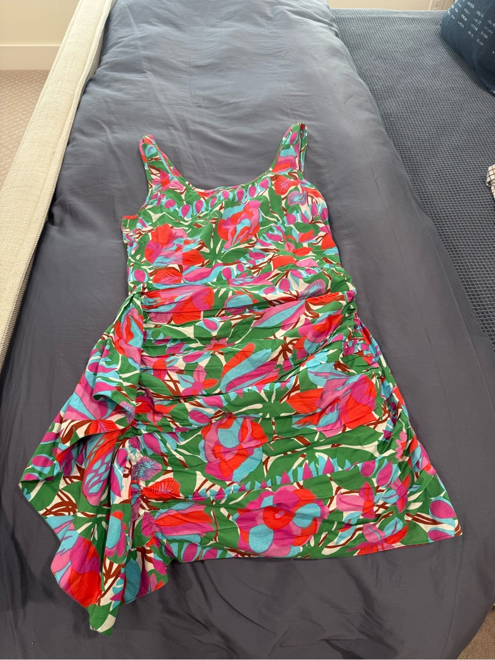 RHODE Floral Mini Dress in Green, Red, Pink